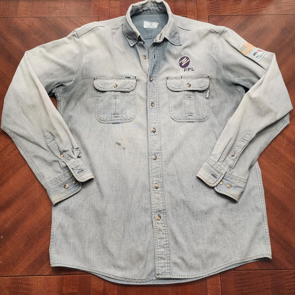 Tyndale Work Shirt Mens L Blue FPL Flame Resistant FRMC Arc Rated CAT 2 USA Made